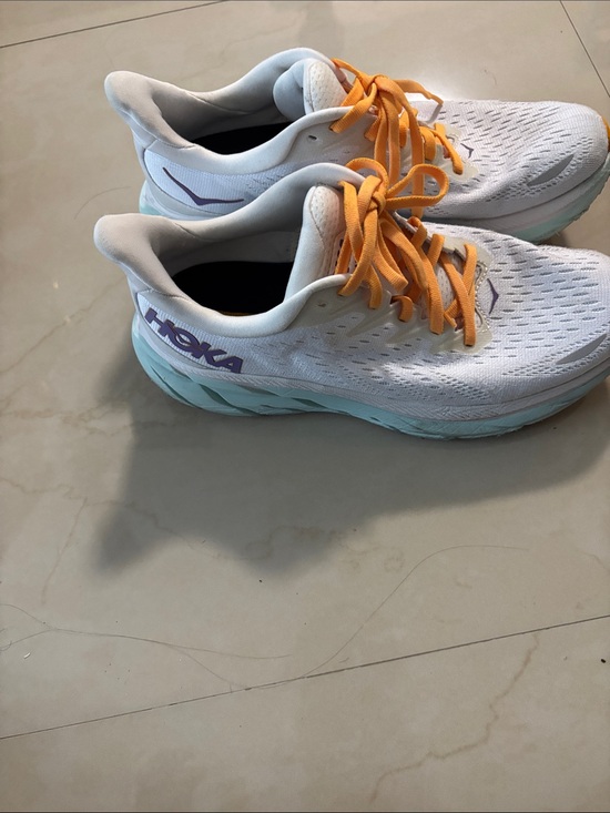 Hoka Shoes - Hoka Women's White Running Shoes with Mint Midsole and Orange Laces